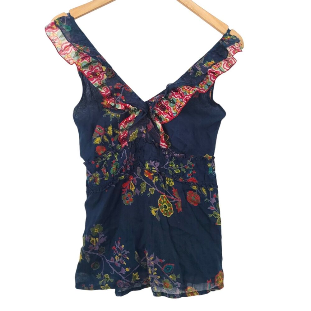 Coline Womens Juniors L/XL Sleeveless Top Blue Ruffles Strappy Back